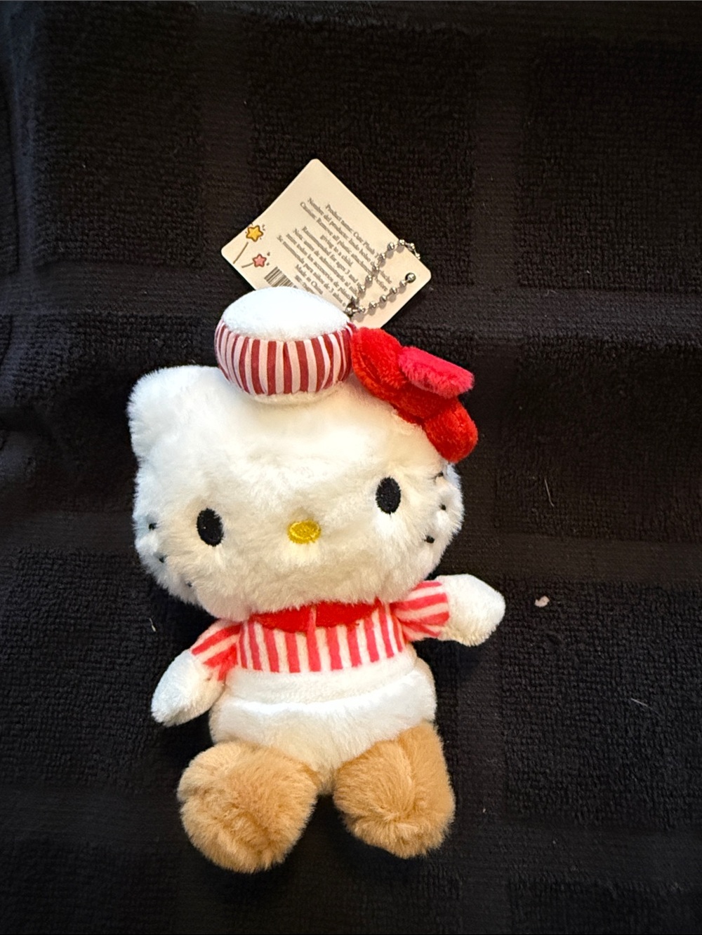 Cute Kitty Plush Keychain with Red Striped Outfit and Pink Bow LP